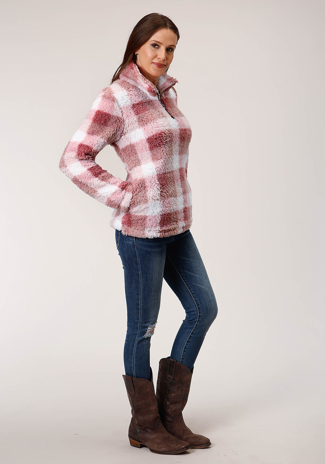 WOMENS PINK BUFFALO PLAID POLAR FLEECE PULLOVER