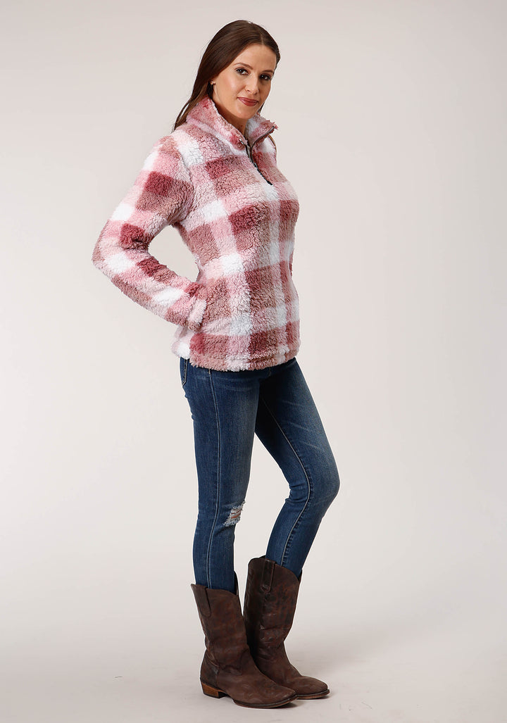 WOMENS PINK BUFFALO PLAID POLAR FLEECE PULLOVER
