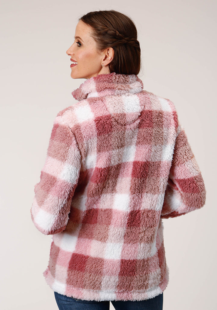 WOMENS PINK BUFFALO PLAID POLAR FLEECE PULLOVER
