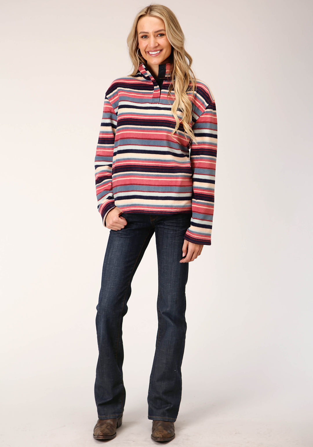 WOMENS HORIZONTAL STRIPE PRINT FLEECE PULLOVER