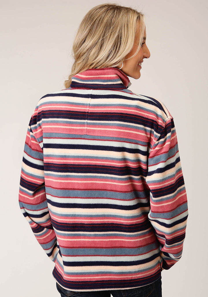 WOMENS HORIZONTAL STRIPE PRINT FLEECE PULLOVER