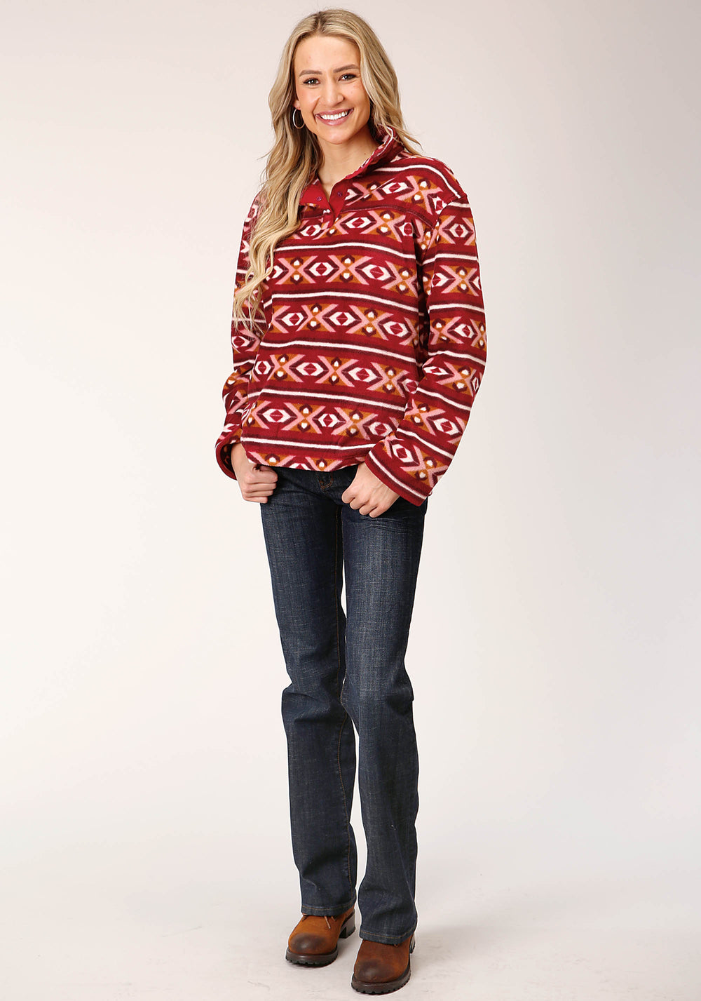 WOMENS BERRY AZTEC PRINT FLEECE PULLOVER