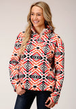 WOMENS GREY ORANGE PINK PRINT FLEECE PULLOVER