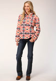 WOMENS GREY ORANGE PINK PRINT FLEECE PULLOVER