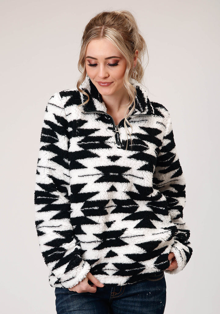 WOMENS POLAR FLEECE  BLACK WHITE AZTEC PULLOVER