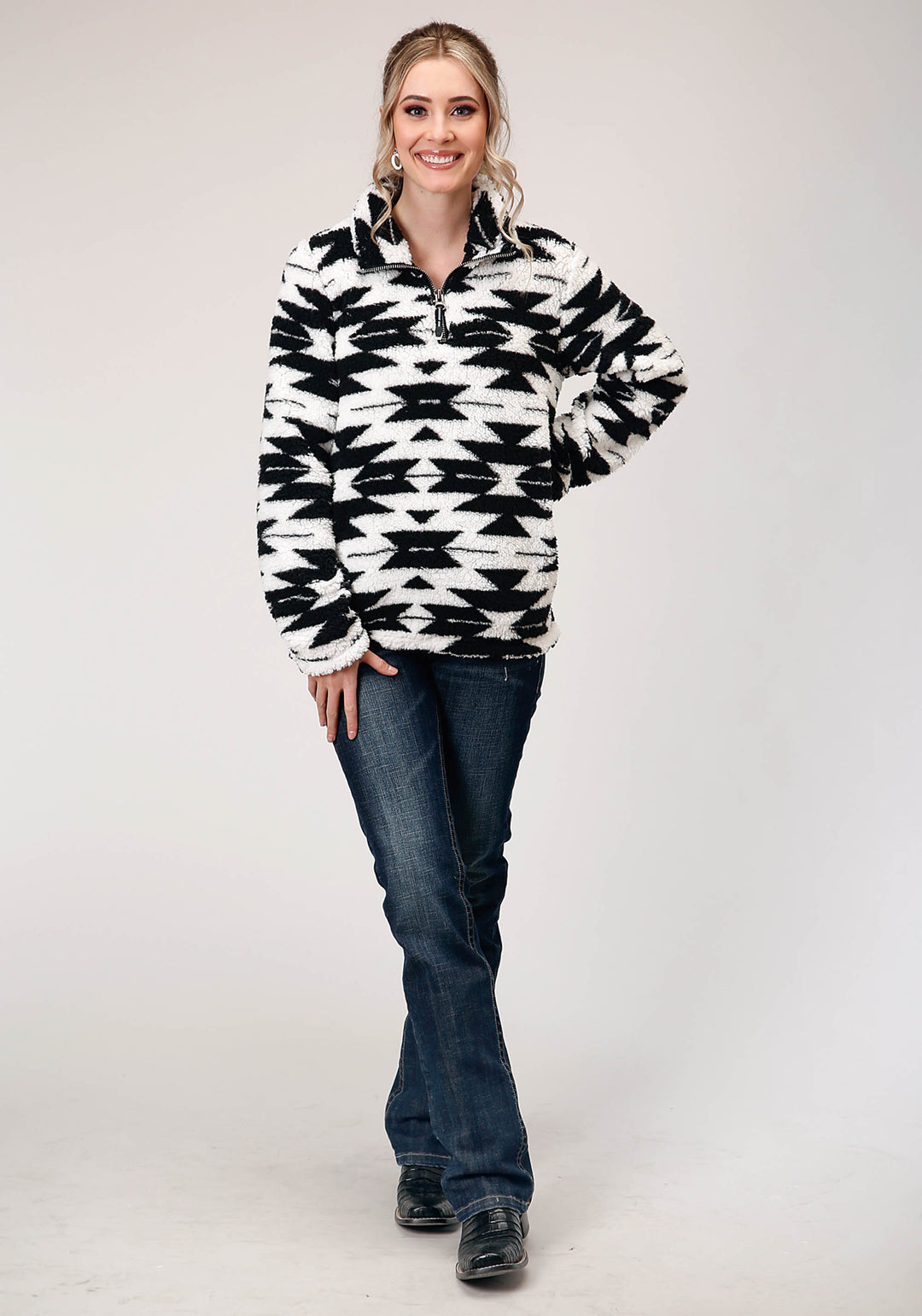 WOMENS POLAR FLEECE  BLACK WHITE AZTEC PULLOVER