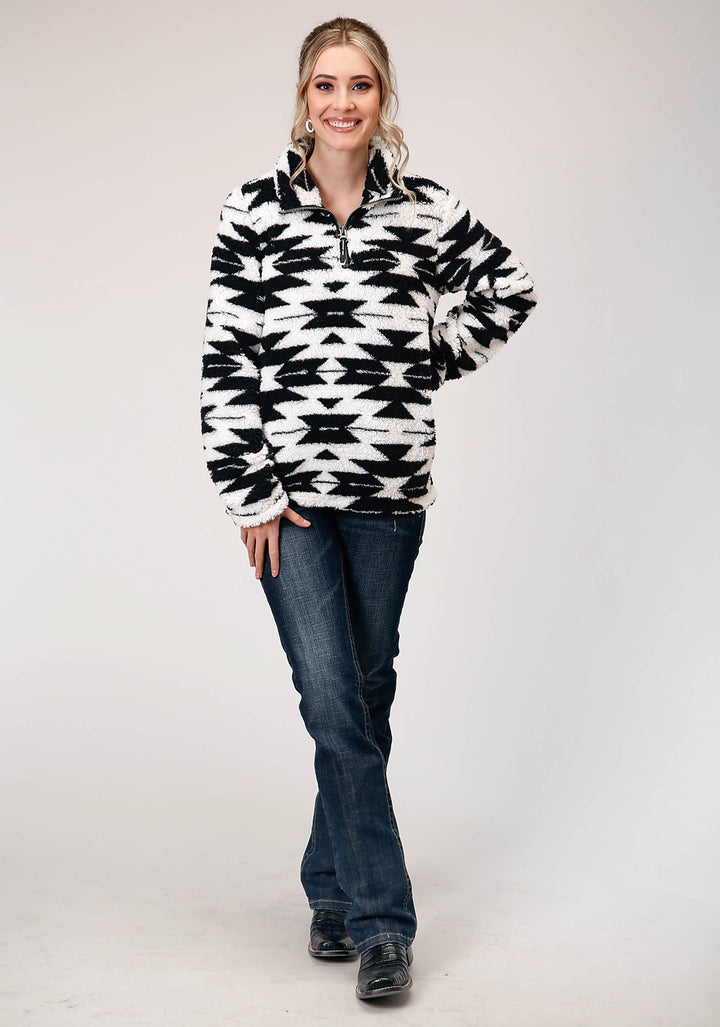 WOMENS POLAR FLEECE  BLACK WHITE AZTEC PULLOVER