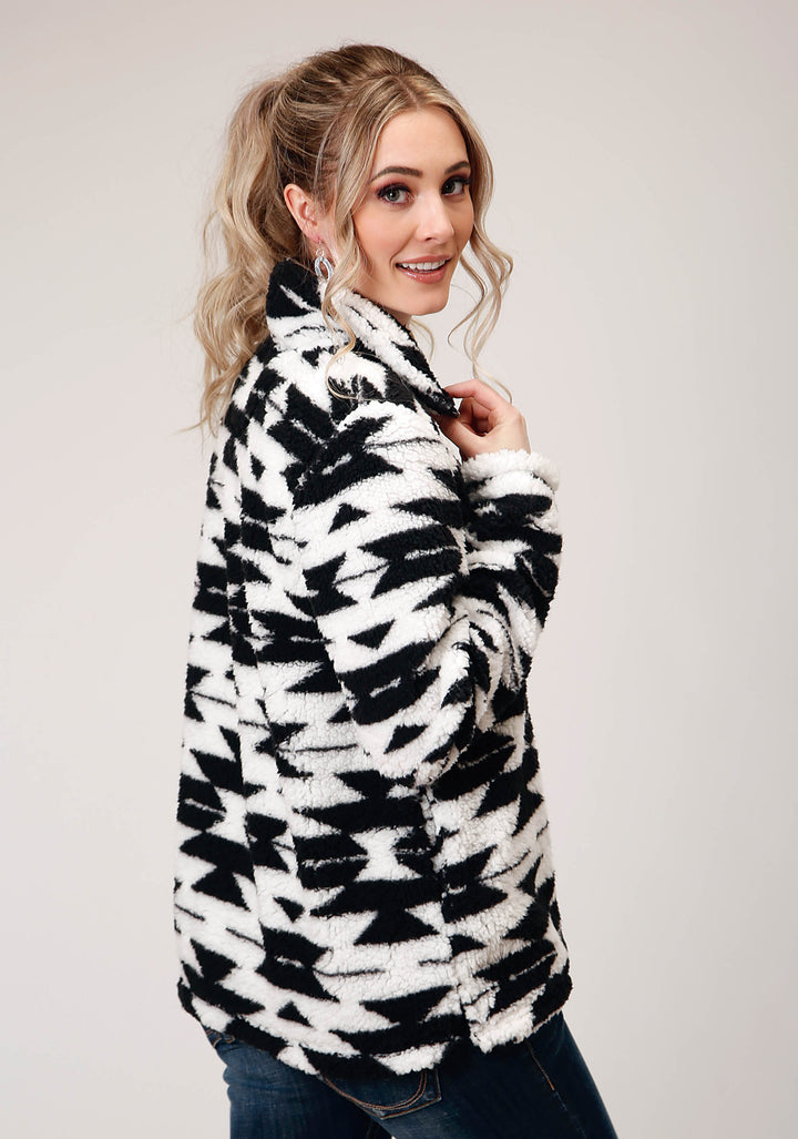 WOMENS POLAR FLEECE  BLACK WHITE AZTEC PULLOVER