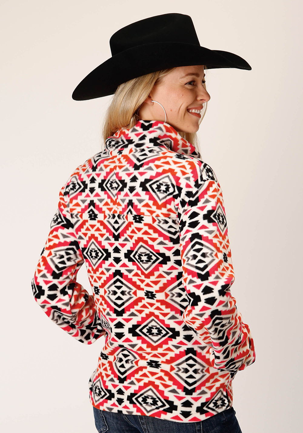 WOMENS GREY ORANGE PINK AZTEC PRINT FLEECE PULLOVER