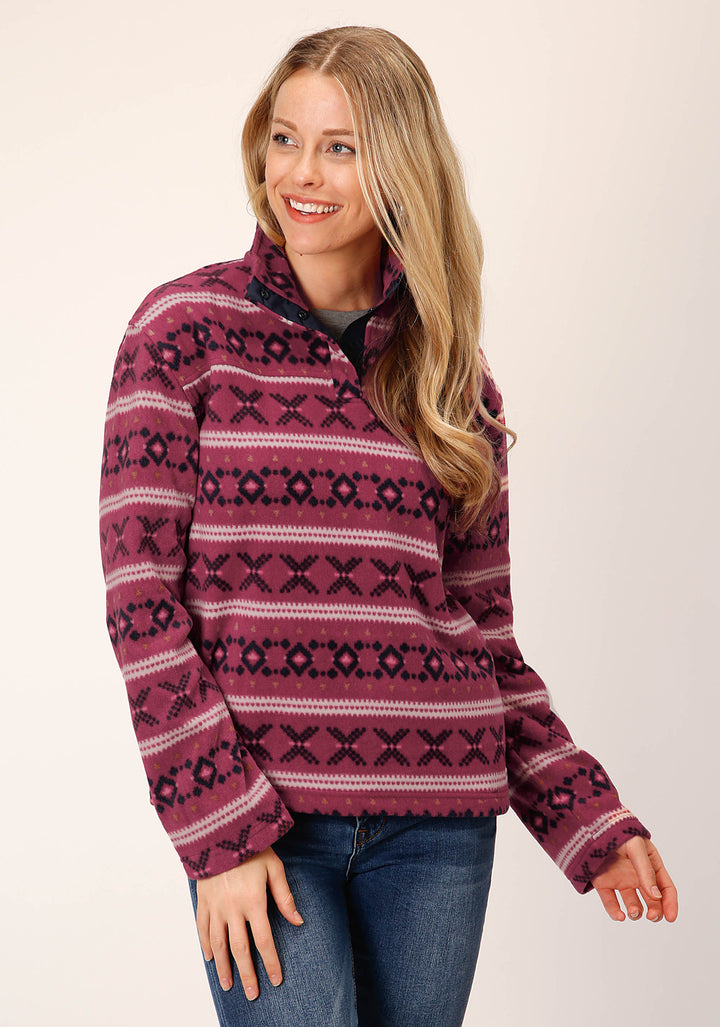WOMENS RUSTY RED AZTEC PRINT FLEECE PULLOVER