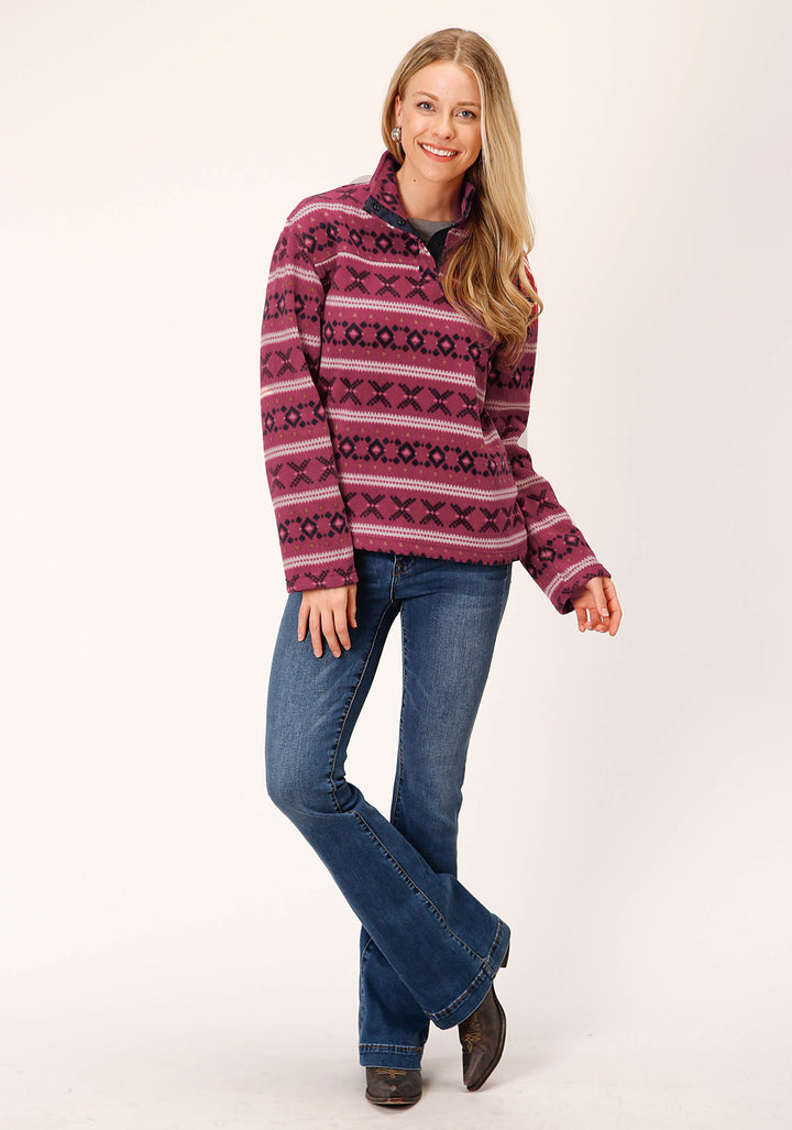 WOMENS RUSTY RED AZTEC PRINT FLEECE PULLOVER