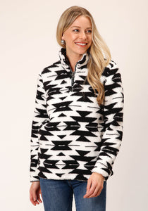 WOMENS BLACK WHITE AZTEC POLAR FLEECE PULLOVER