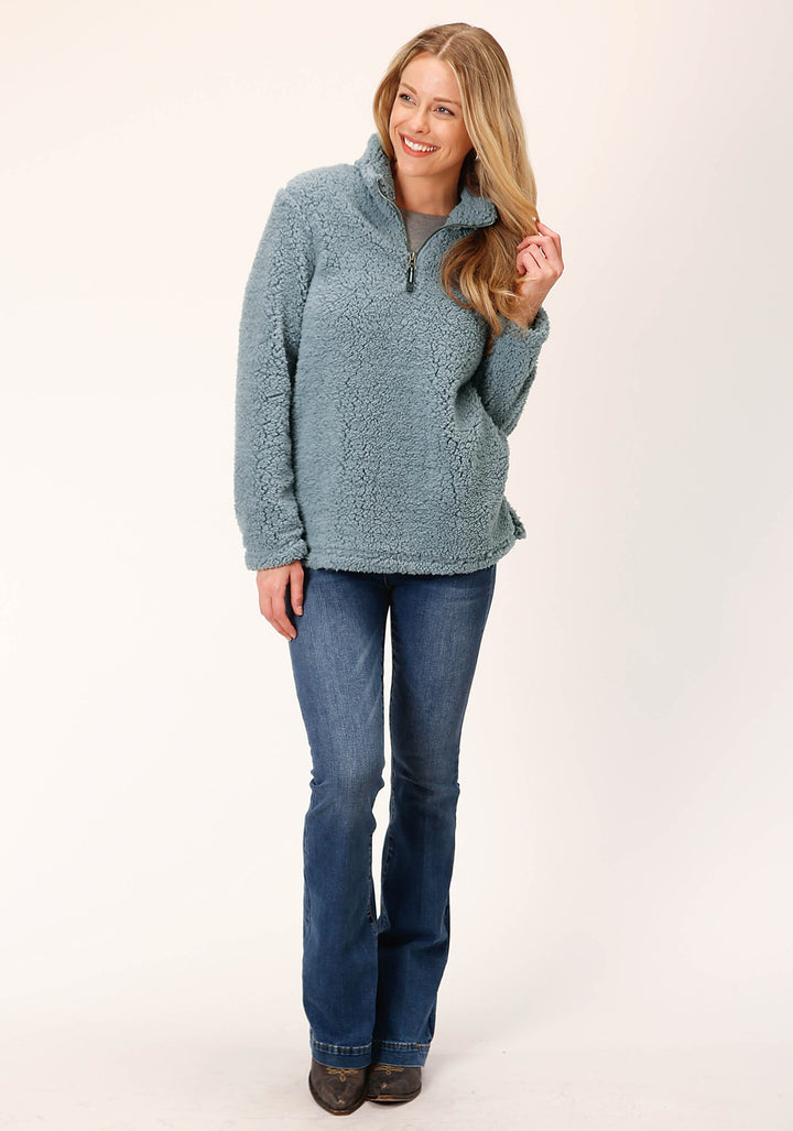 WOMENS SOLID STEEL BLUE POLAR FLEECE PULLOVER