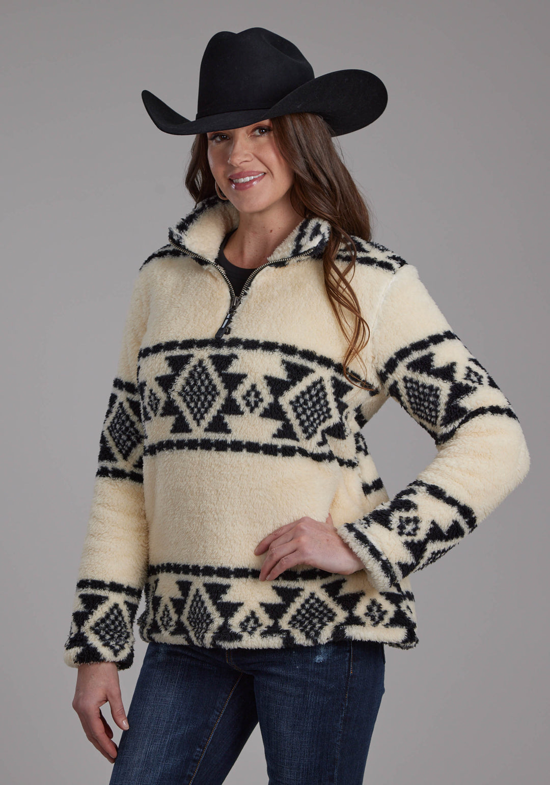 WOMENS BLACK CREAM AZTEC STRIPE ZIPPER JACKET