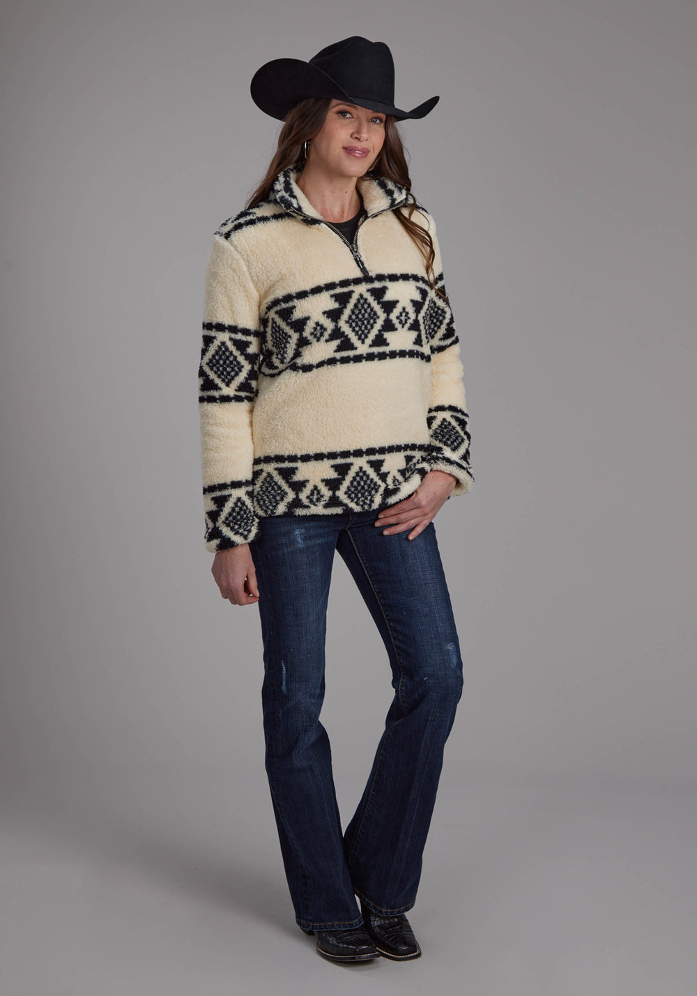 WOMENS BLACK CREAM AZTEC STRIPE ZIPPER JACKET