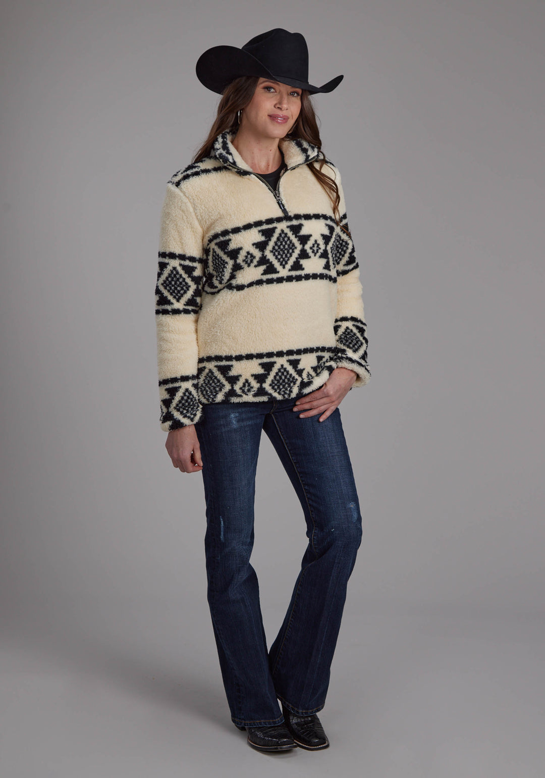 WOMENS BLACK CREAM AZTEC STRIPE ZIPPER JACKET