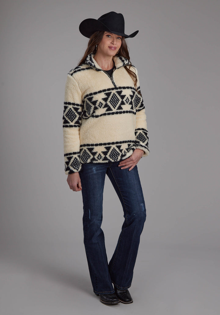 WOMENS BLACK CREAM AZTEC STRIPE ZIPPER JACKET