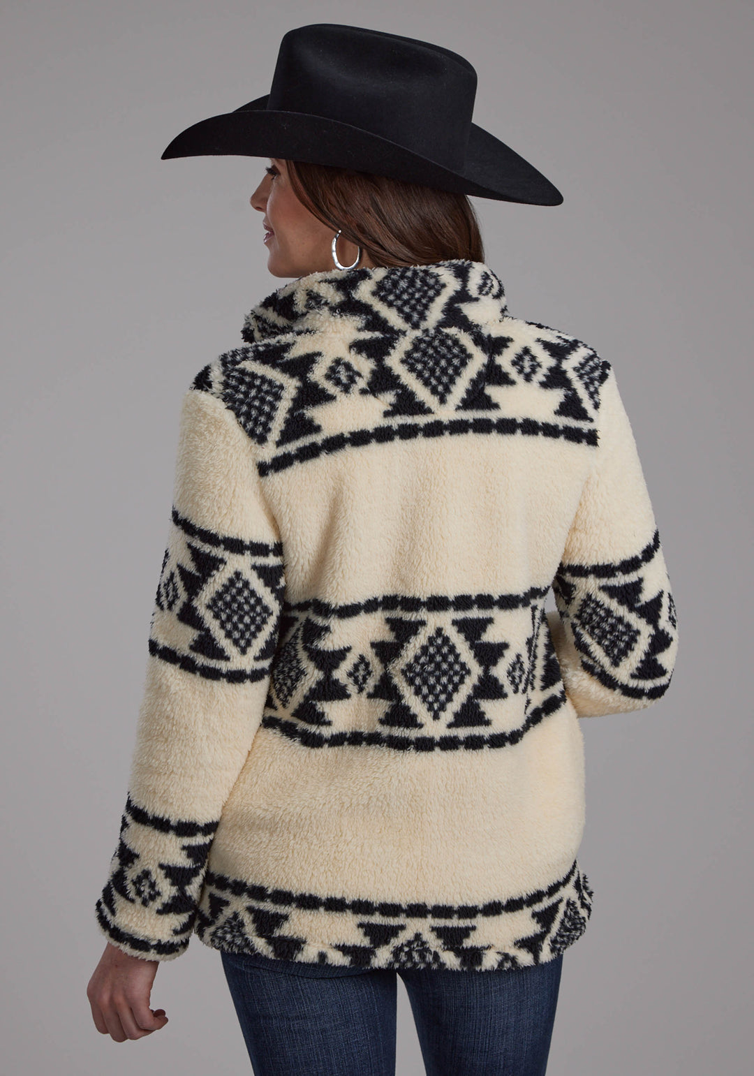 WOMENS BLACK CREAM AZTEC STRIPE ZIPPER JACKET