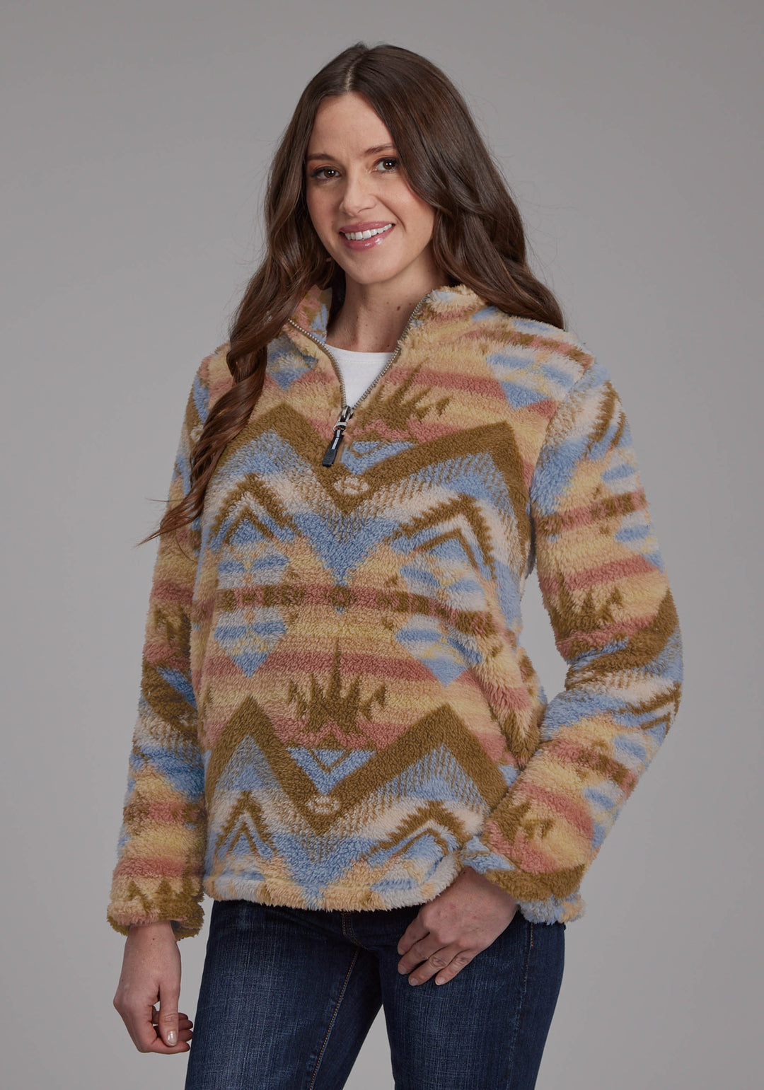 WOMENS BROWN AZTEC PRINT ZIPPER JACKET