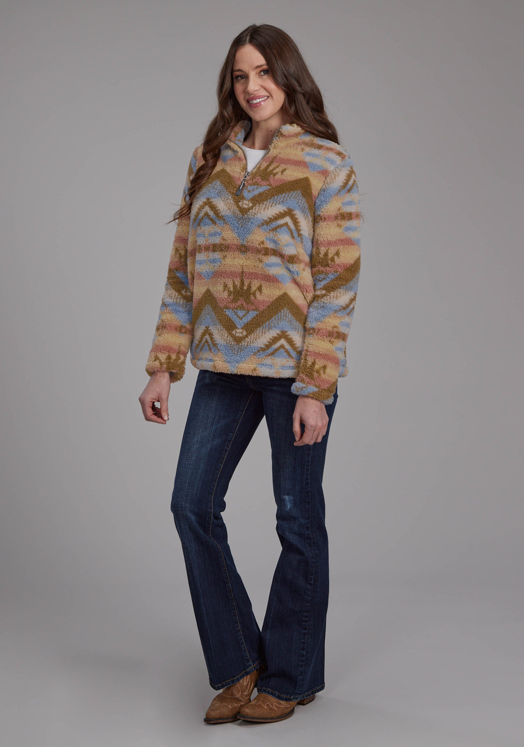 WOMENS BROWN AZTEC PRINT ZIPPER JACKET