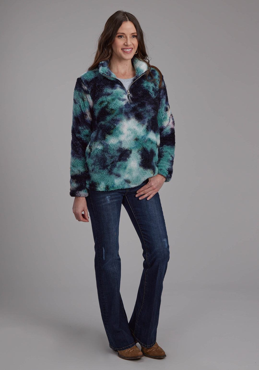 WOMENS BLUE TIE DYE POLAR FLEECE ZIPPER JACKET