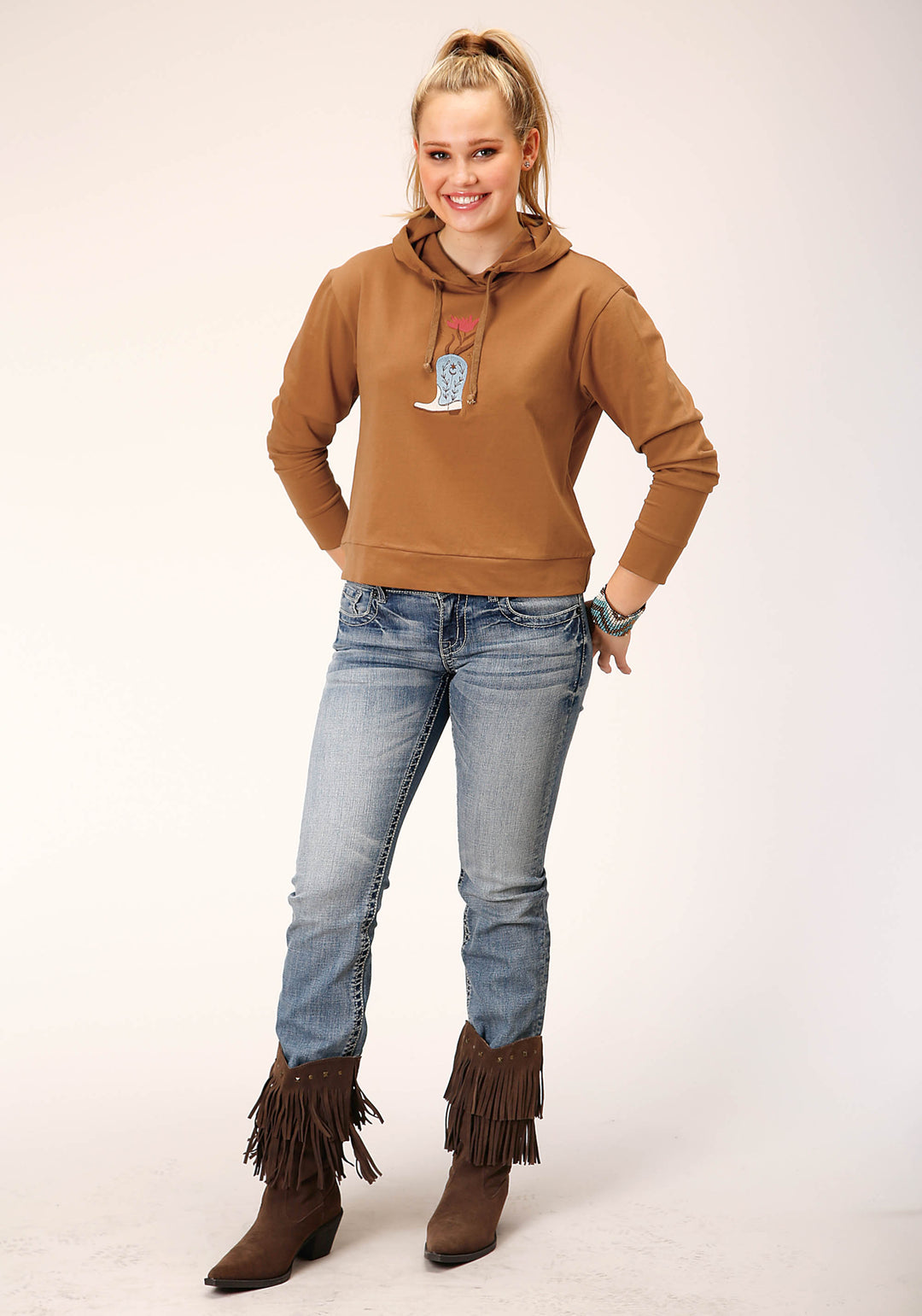 WOMENS KNIT TABACCO BROWN FRENCH TERRY HOODIE SWEATSHIRT