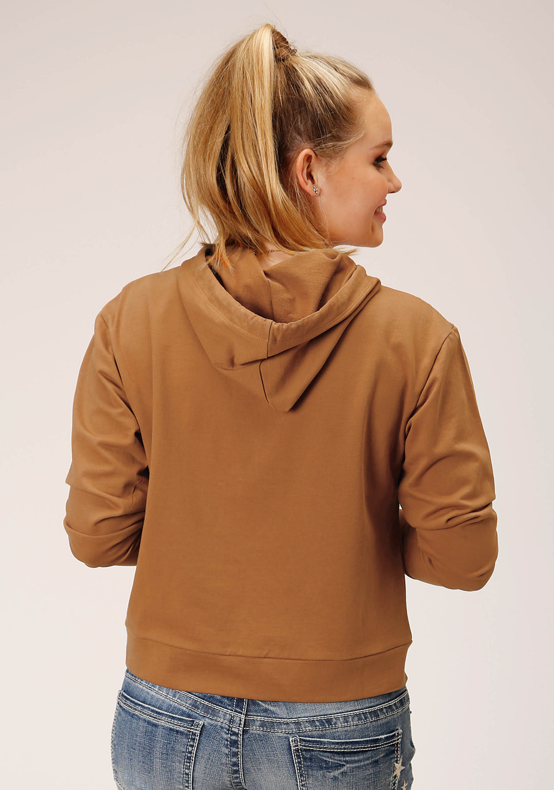 WOMENS KNIT TABACCO BROWN FRENCH TERRY HOODIE SWEATSHIRT
