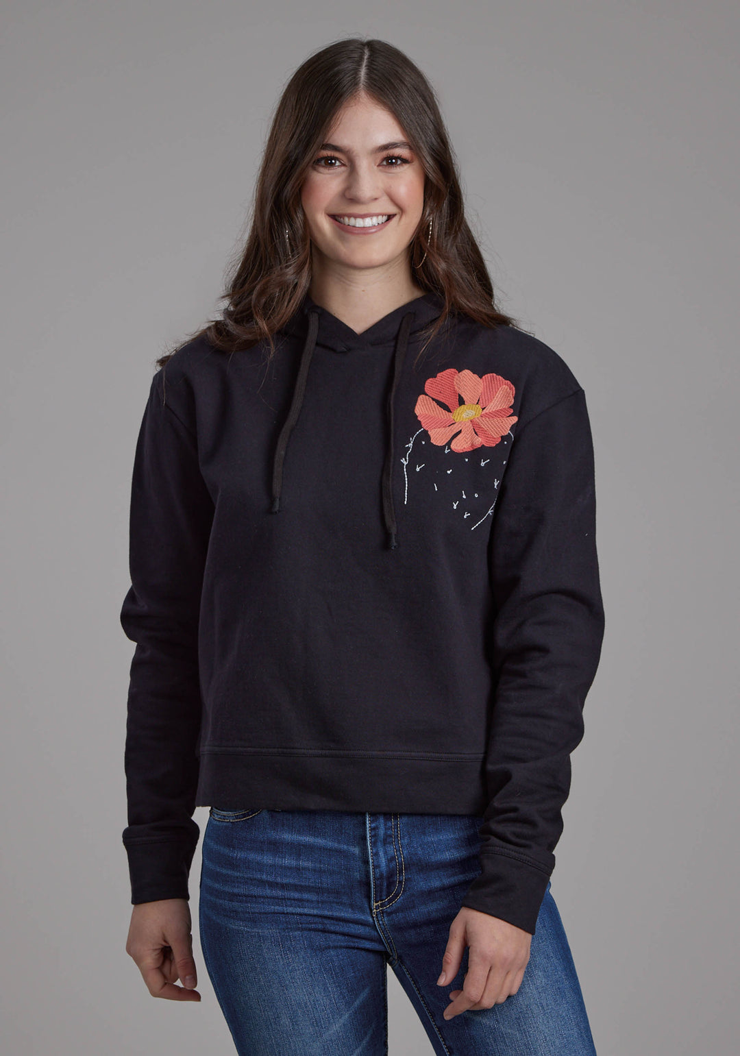 WOMENS BLACK COTTON FLEECE HOODIE PULLOVER JACKET