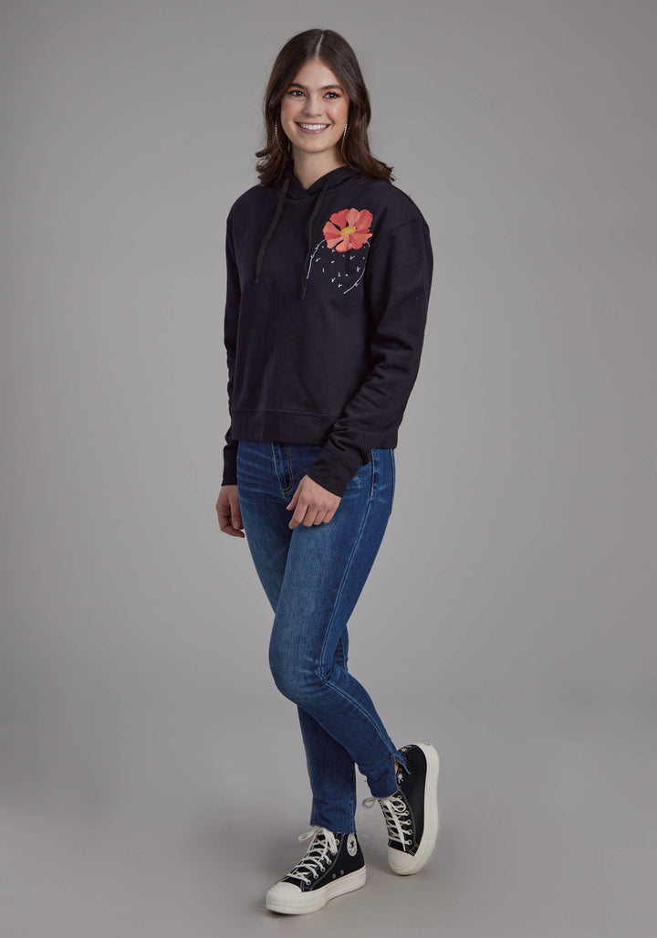 WOMENS BLACK COTTON FLEECE HOODIE PULLOVER JACKET