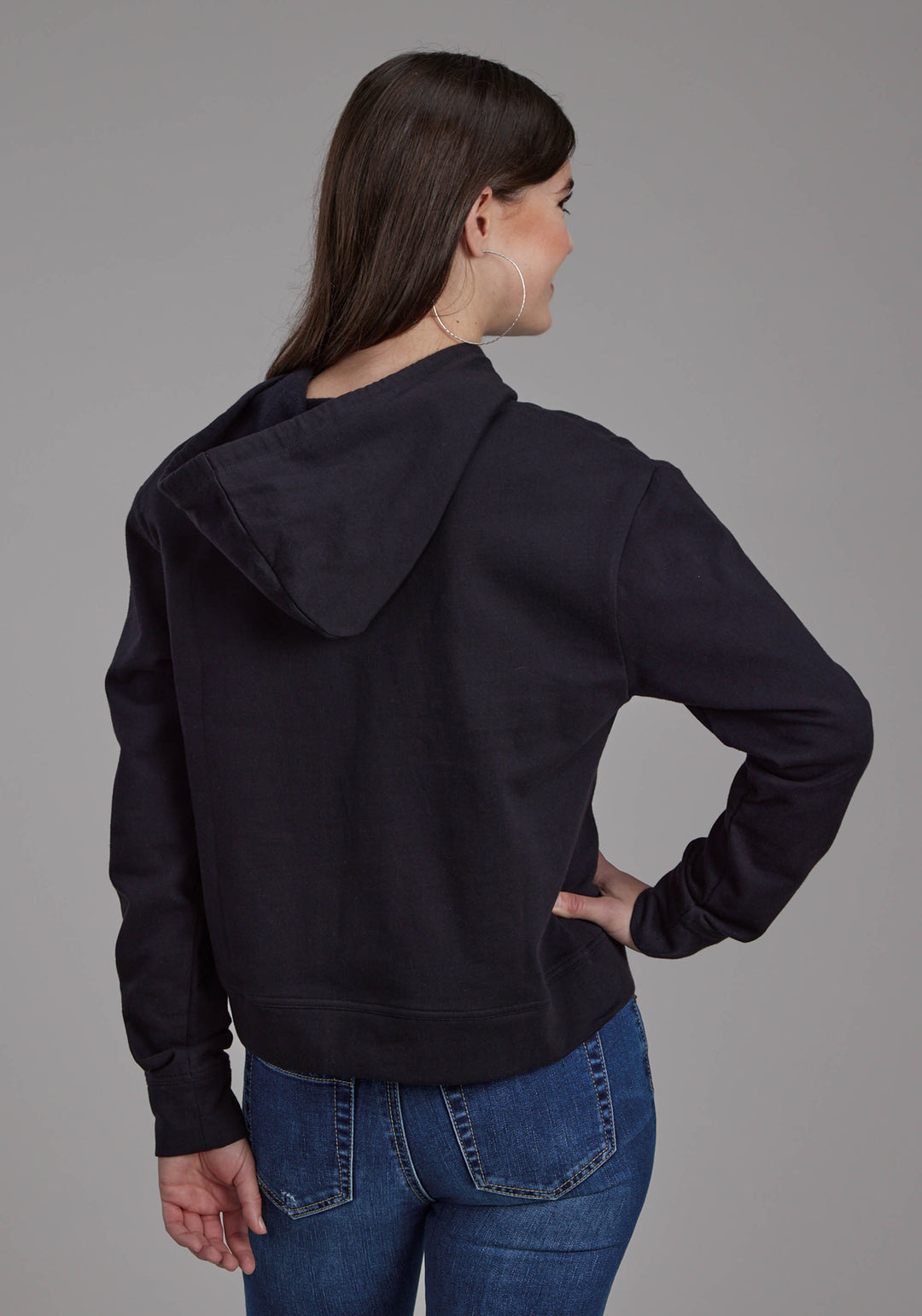WOMENS BLACK COTTON FLEECE HOODIE PULLOVER JACKET