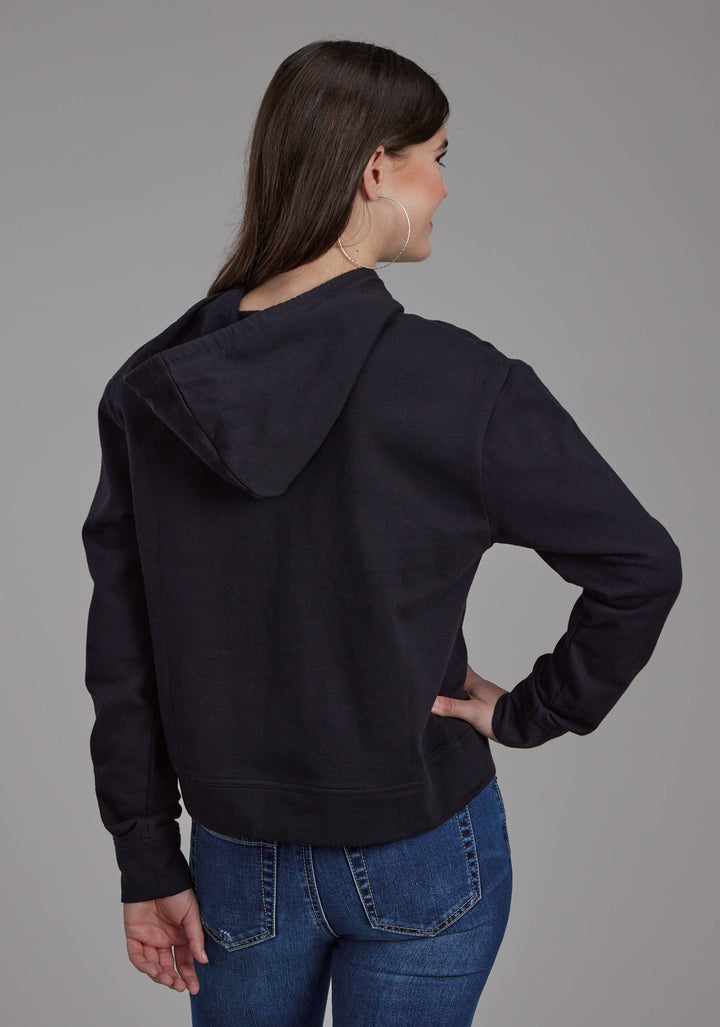 WOMENS BLACK COTTON FLEECE HOODIE PULLOVER JACKET