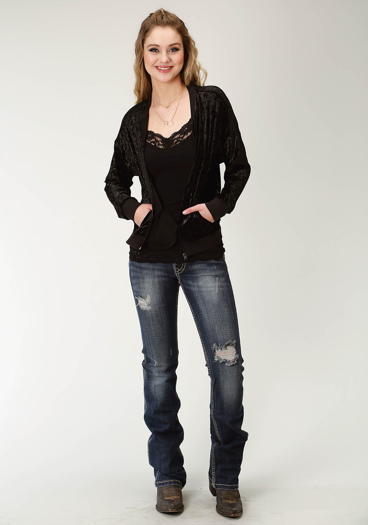 WOMENS SOLID BLACK CRUSHED VELVET BOMBER JACKET