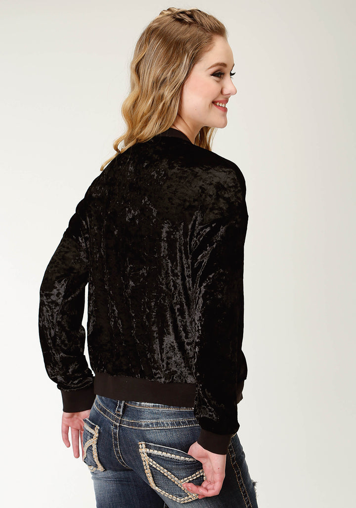 WOMENS SOLID BLACK CRUSHED VELVET BOMBER JACKET