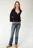 WOMENS NAVY BLUE SOLID TEXTURED KNIT HOODED SWEATSHIRT