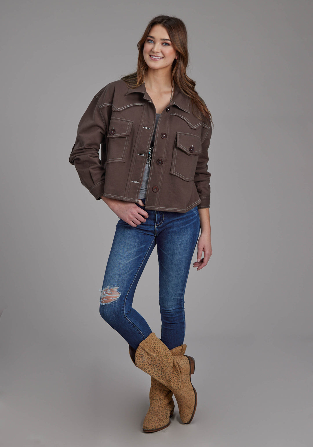 WOMENS COTTON FLEECE LONG SLEEVE CROP BUTTON JACKET