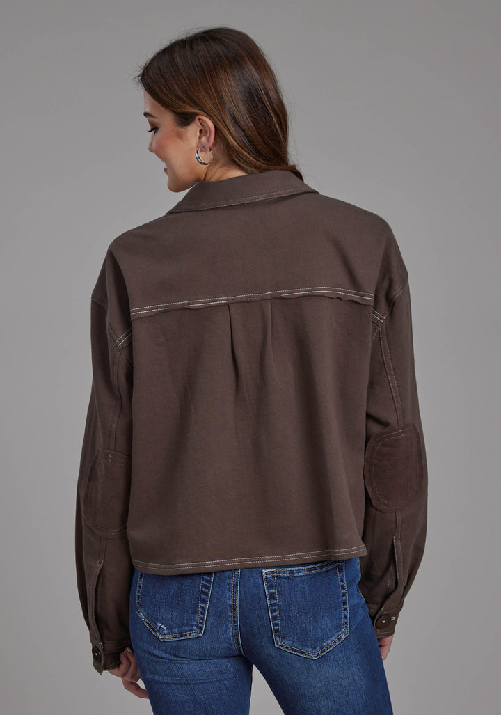 WOMENS COTTON FLEECE LONG SLEEVE CROP BUTTON JACKET