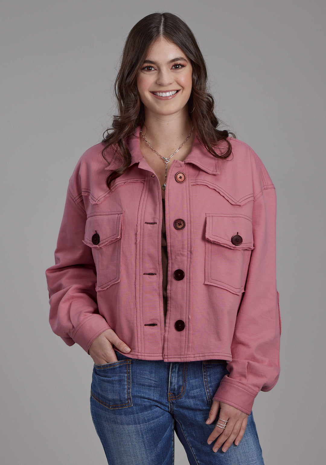 WOMENS DUSTY PINK FLEECE CROPPED BUTTON JACKET