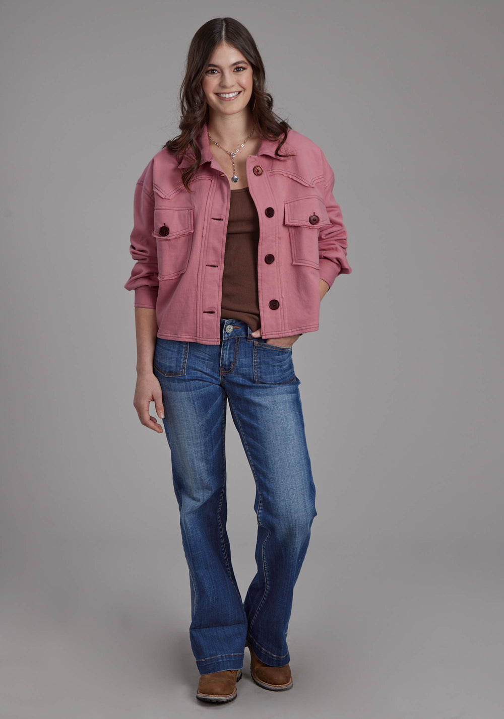 WOMENS DUSTY PINK FLEECE CROPPED BUTTON JACKET