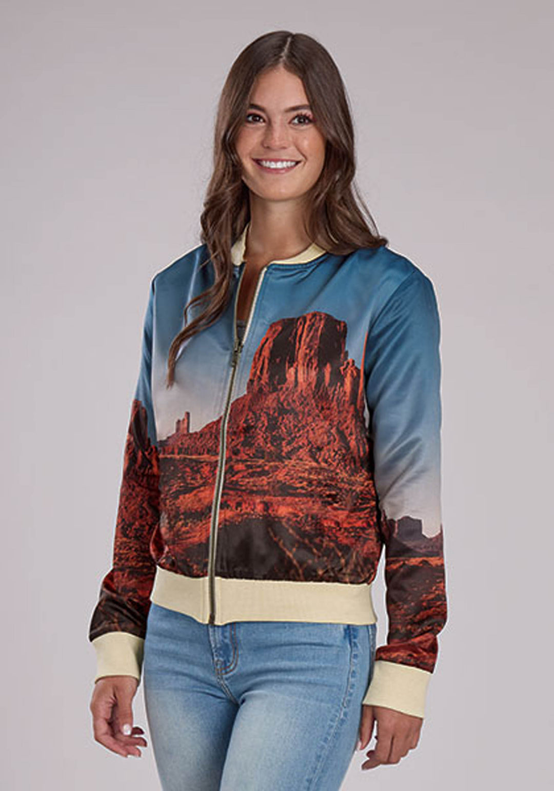 WOMENS DESERT VIEW PRINT SATIN JACKET ZIPPER BLAZER
