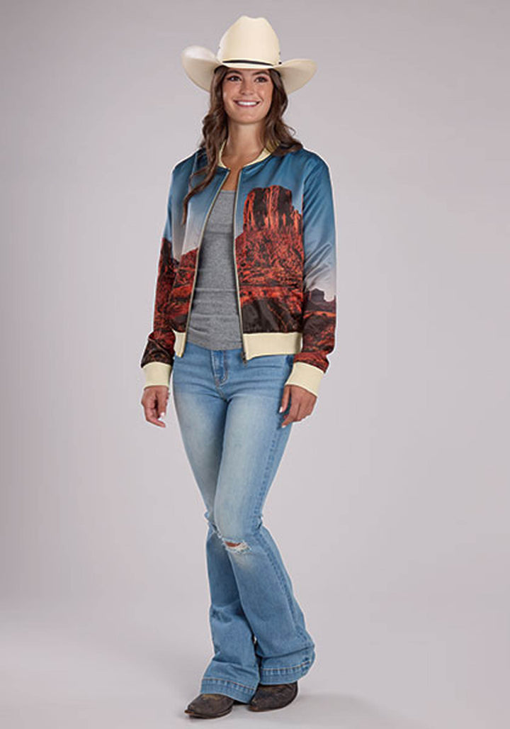WOMENS DESERT VIEW PRINT SATIN JACKET ZIPPER BLAZER