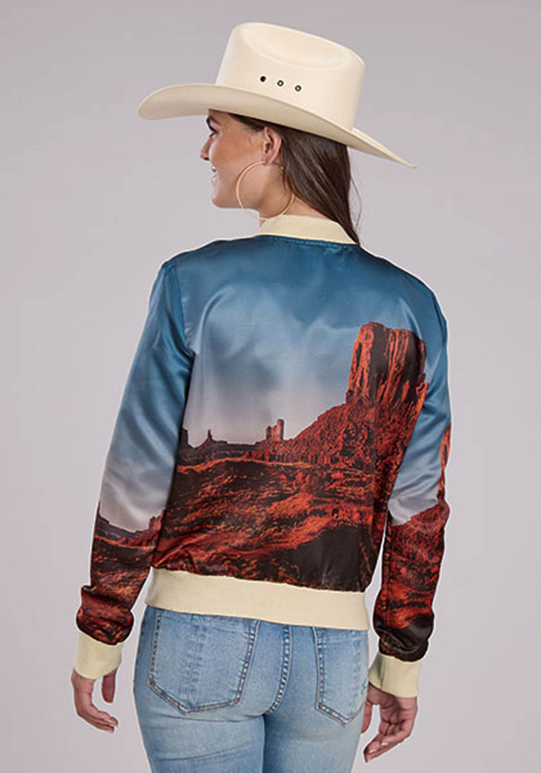 WOMENS DESERT VIEW PRINT SATIN JACKET ZIPPER BLAZER