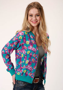 WOMENS TURQUOISE PINK AND YELLOW FLORAL PRINT ZIP FRONT JACKET