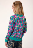 WOMENS TURQUOISE PINK AND YELLOW FLORAL PRINT ZIP FRONT JACKET
