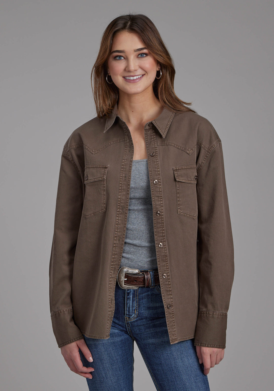 WOMENS PIGMENT DYED TWILL OVERSIZED BUTTON JACKET