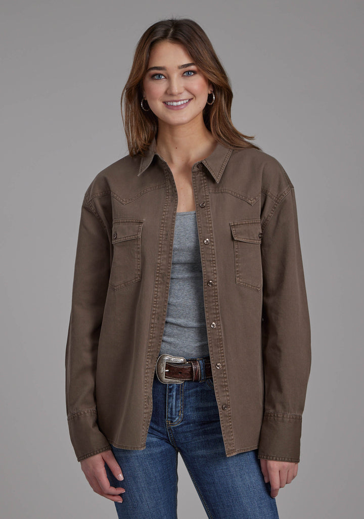 WOMENS PIGMENT DYED TWILL OVERSIZED BUTTON JACKET