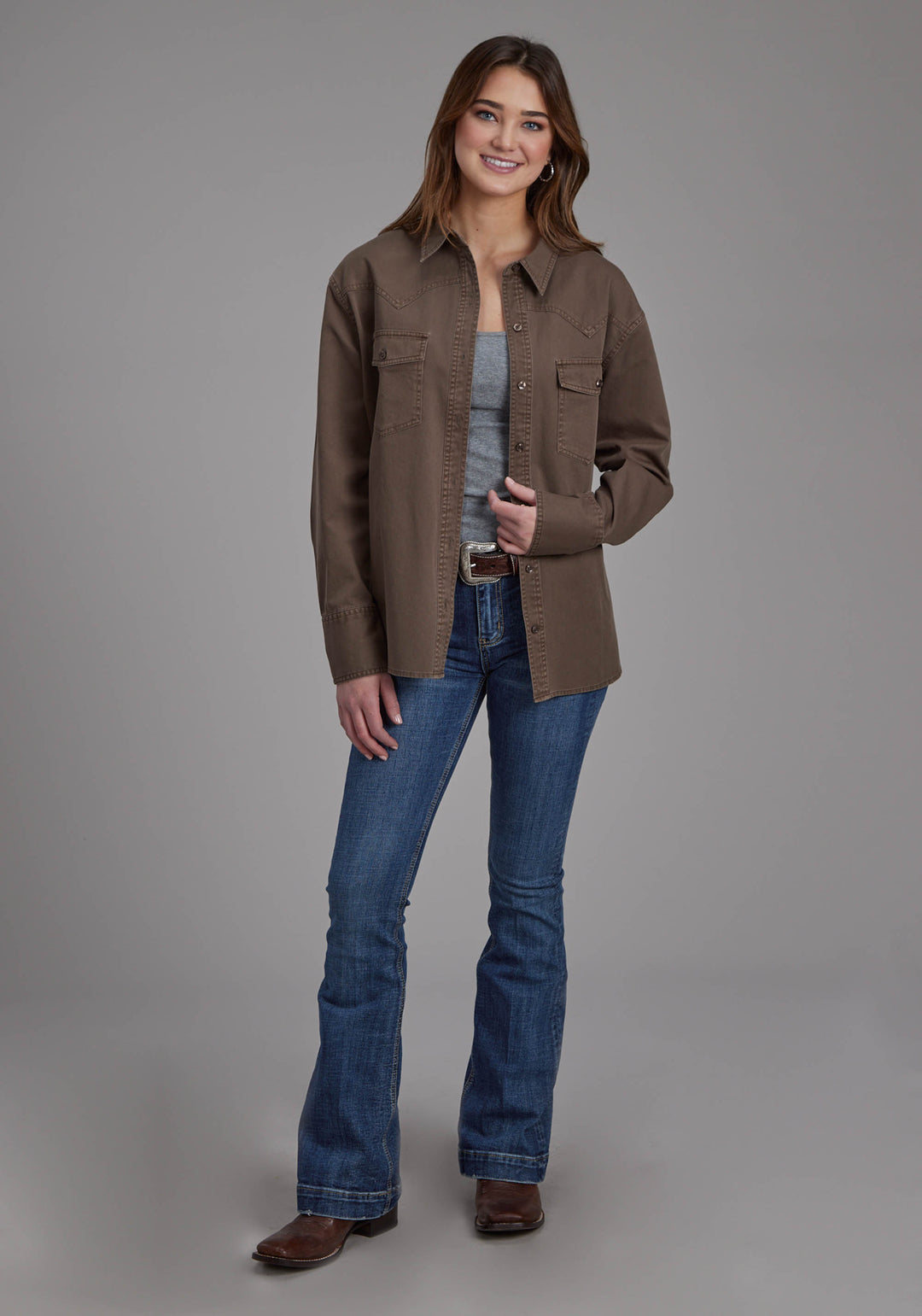 WOMENS PIGMENT DYED TWILL OVERSIZED BUTTON JACKET