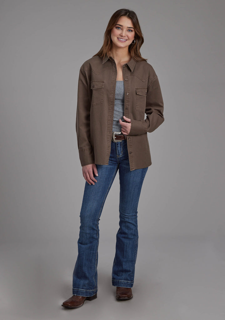 WOMENS PIGMENT DYED TWILL OVERSIZED BUTTON JACKET