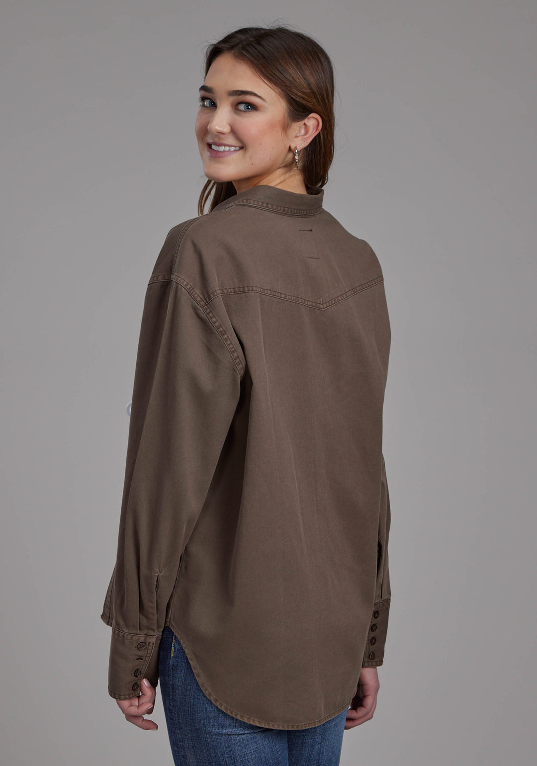 WOMENS PIGMENT DYED TWILL OVERSIZED BUTTON JACKET