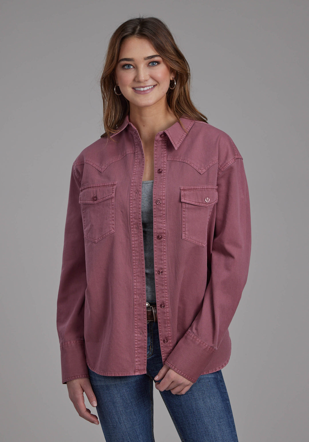 WOMENS SOLID TWILL PIGMENT DYED BUTTON JACKET