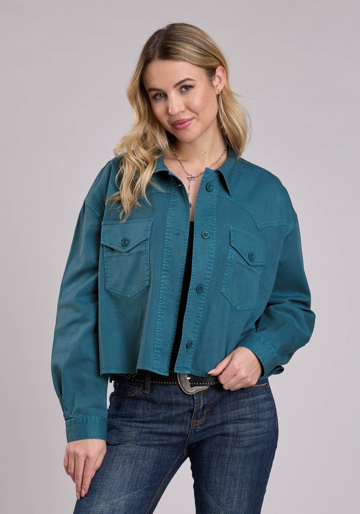 WOMENS JACKET BUTTON TURQUOISE PIGMENT DYED CROP JCKT WESTERN JACKET